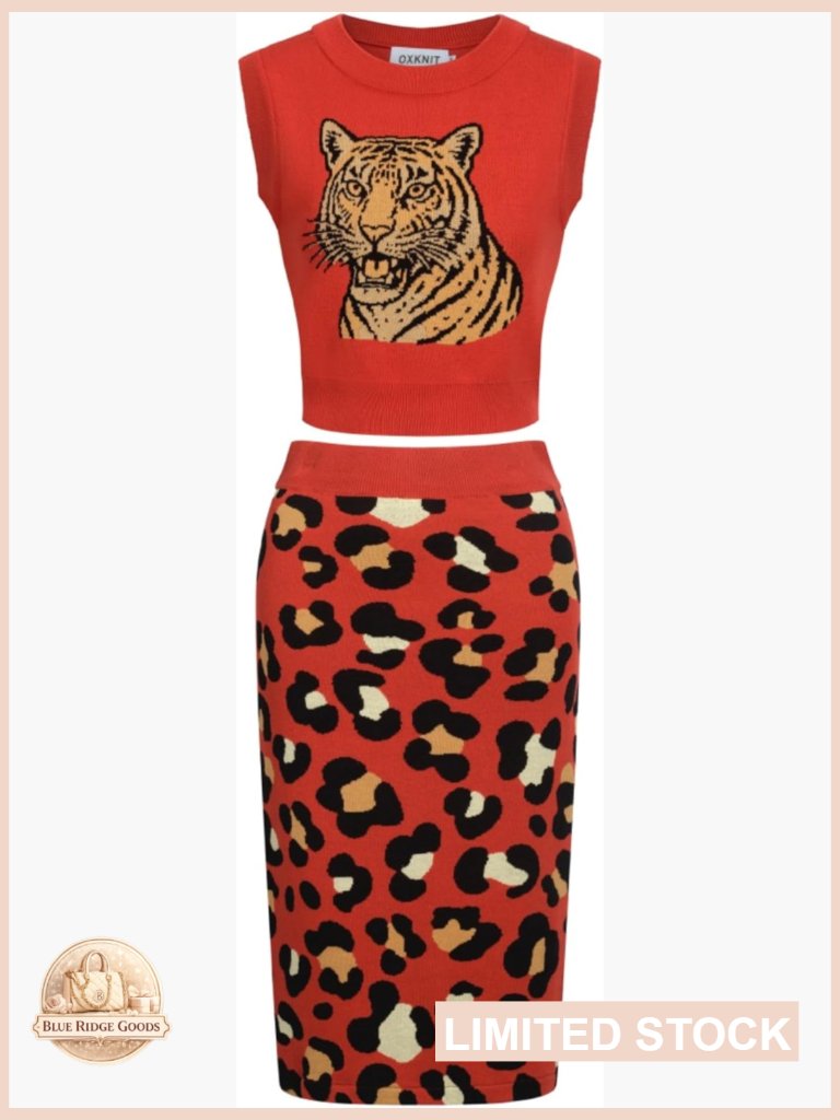 Retro Knitted Vest Skirt Set Vintage Tiger Pattern Cotton Two Piece Outfit